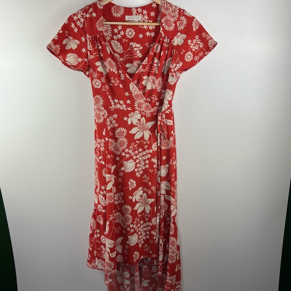 URBAN OUTFITTERS Deep Orange Floral High Low Wrap Dress - Picture 3 of 11